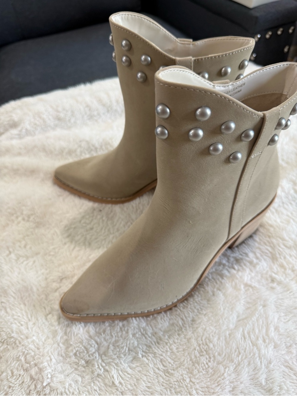 Studded Pointed-Toe Ankle Boots - Beige